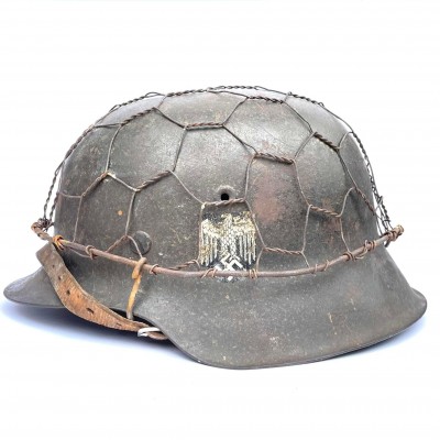 Heer M42 steel helmet with chiken wire camo - WW2 German Headgear